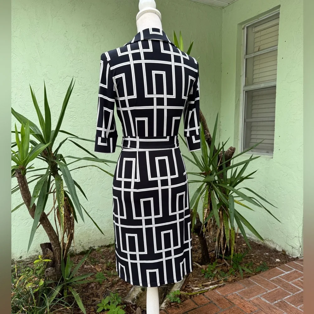 Black and White Tie Wasidt Button Down Midi Dress - Picture 2 of 5